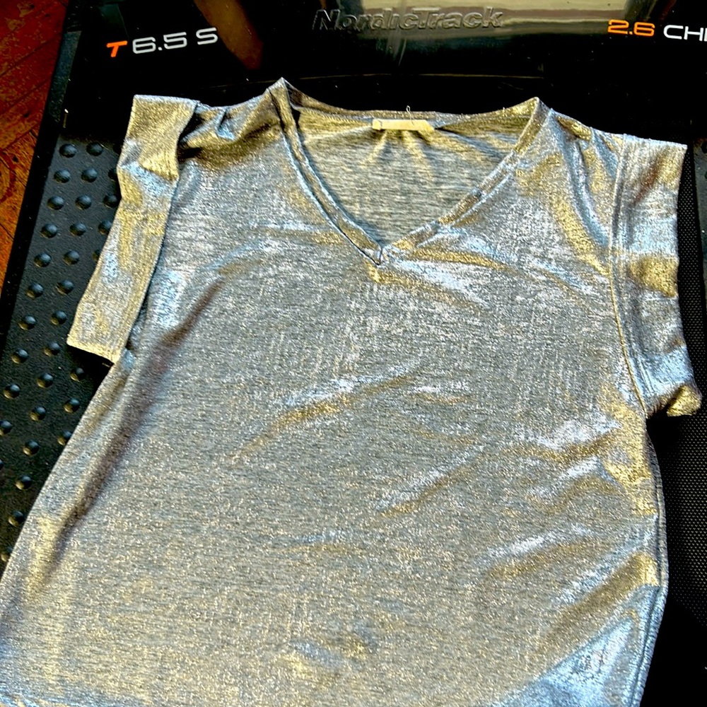NWOT Standard People's Project LA Silver Metallic V-Neck T-Shirt Size Small